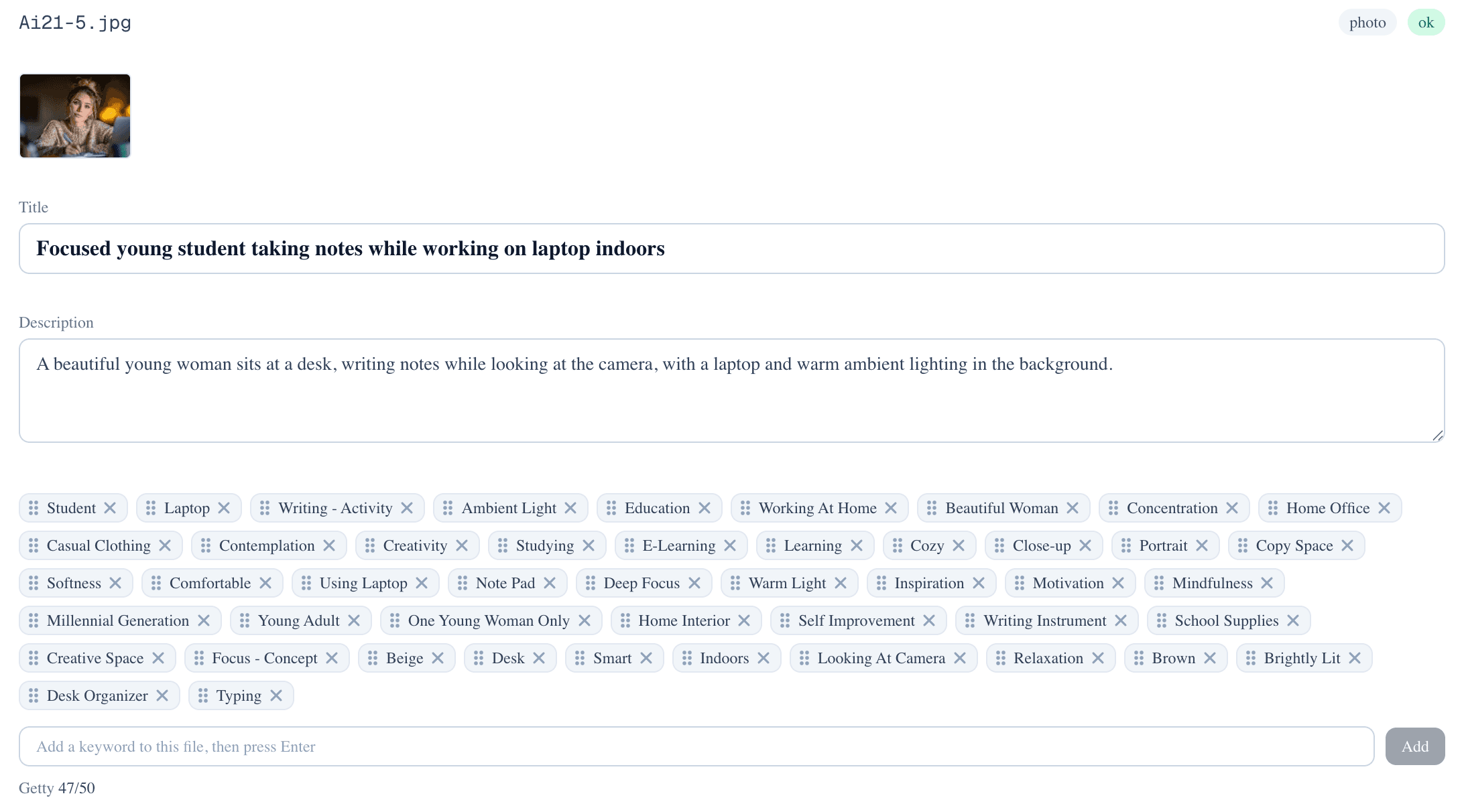 PixTagger results screen showing a young woman studying, with keywords ordered strongest-first