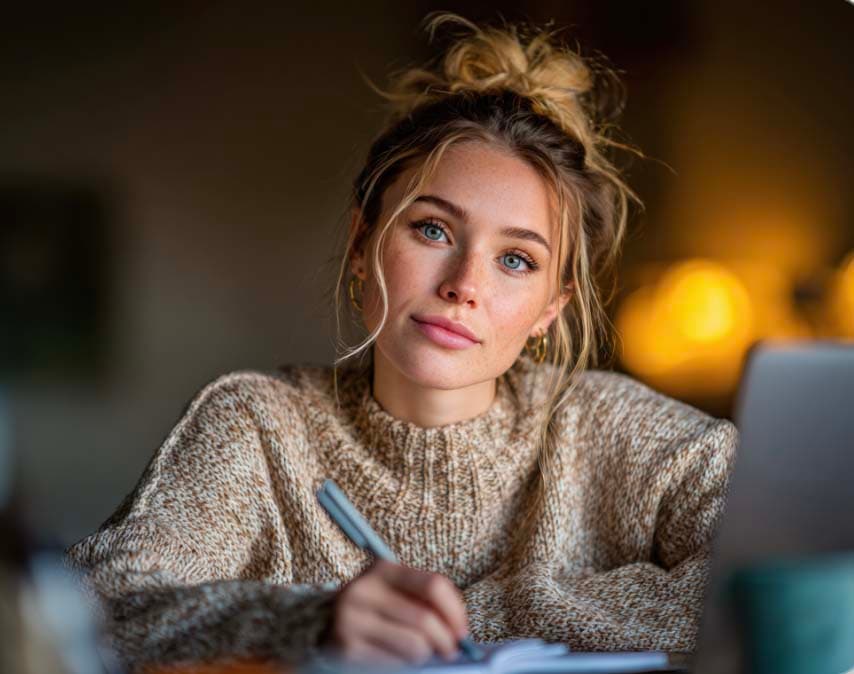 Example stock photo: young woman studying at a desk