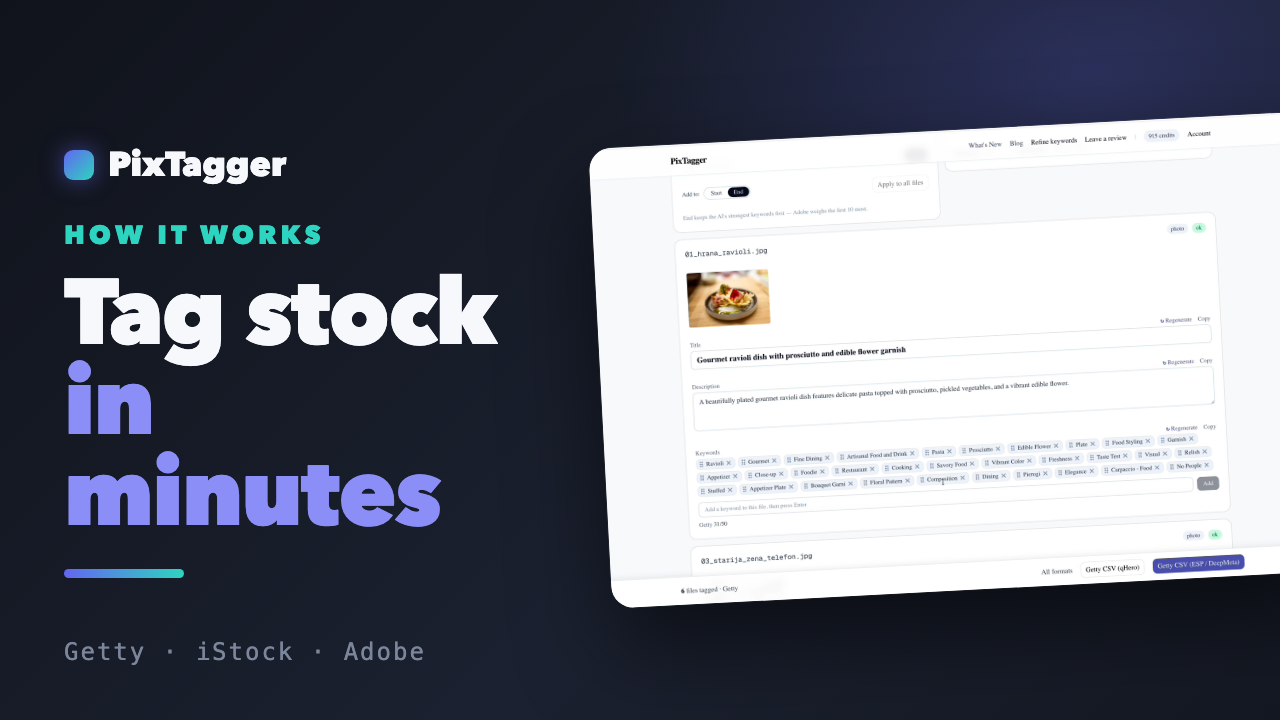 PixTagger full workflow — AI keywords for Getty, iStock and Adobe Stock